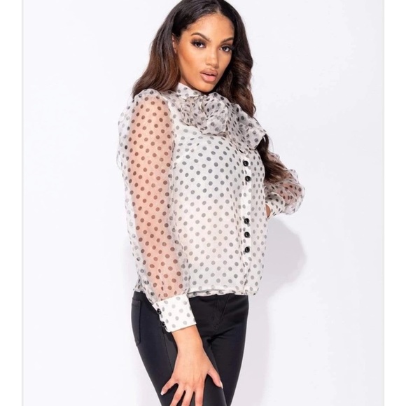 Bow Polka Dot Square Neck Long Sleeve Blouse